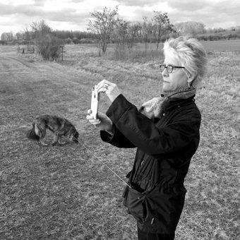 A woman taking a picture of a dog in a field.