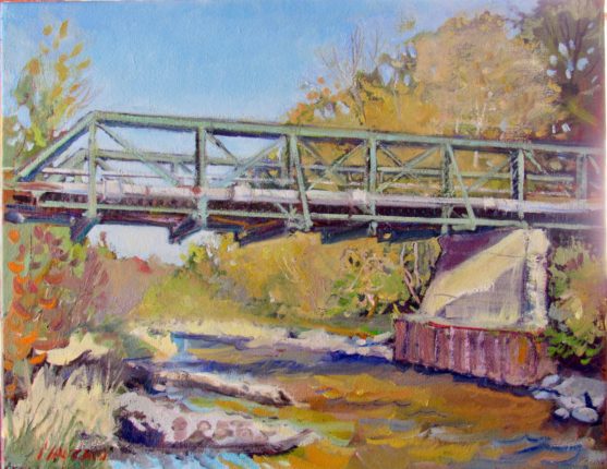 A painting of a bridge over a river.