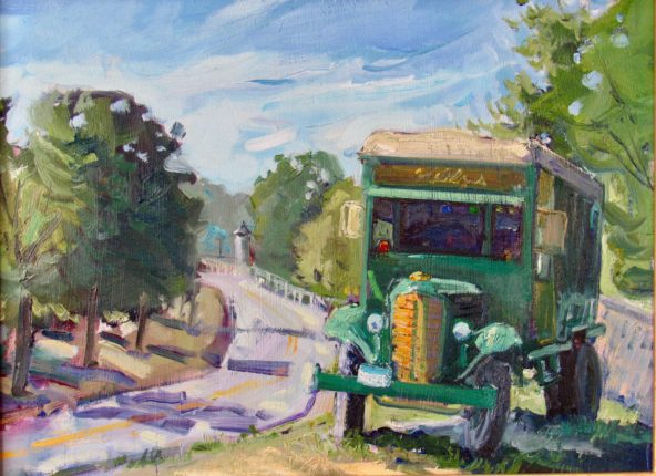 A painting of a green truck parked on the side of a road.