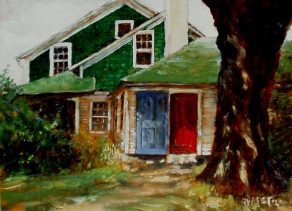 A painting of a green house with blue doors.