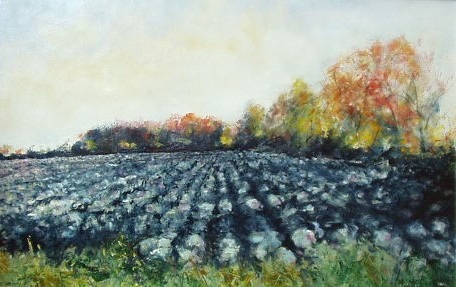 An oil painting of a field with trees.