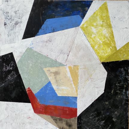 An abstract painting with black, white, and yellow shapes.