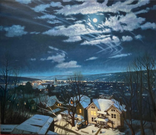 A painting of a snowy town with a full moon.
