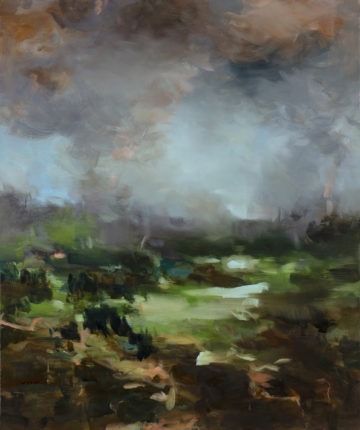 A painting of a stormy sky over a field.