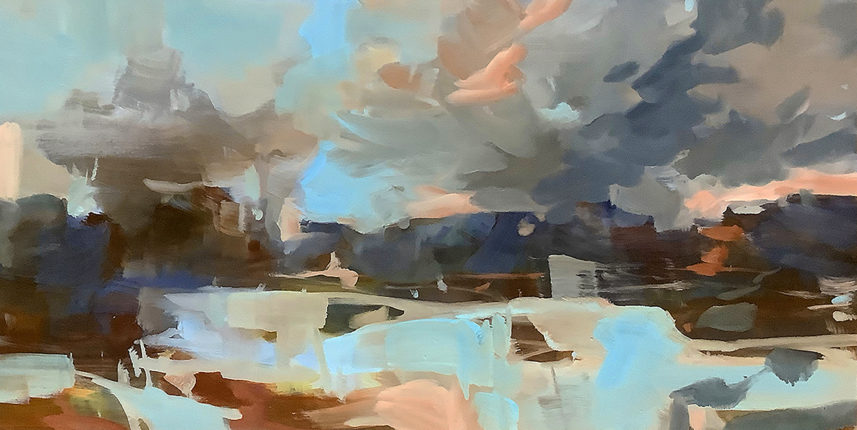 A painting of a city with clouds in the sky.