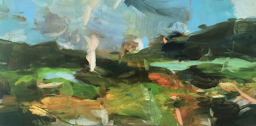 An abstract painting of a green field.