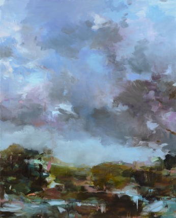 A painting of a landscape with clouds in the sky.