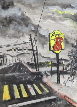 A watercolor painting of a sign on a street.