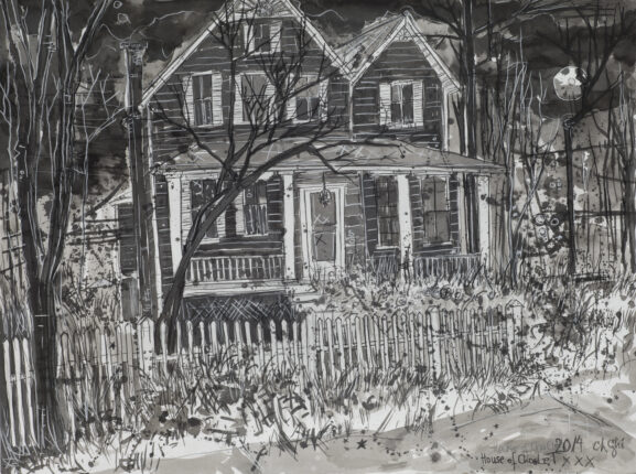 A black and white drawing of a house in the woods.