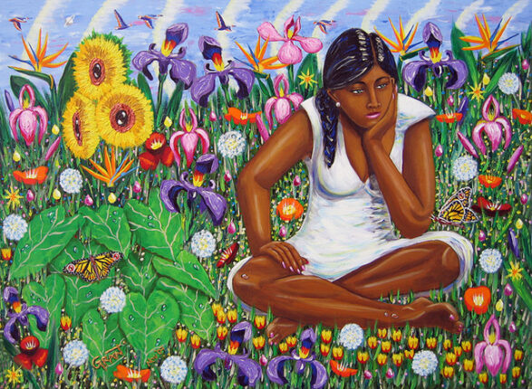 A painting of a woman sitting in a field of flowers.