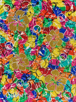 An abstract painting with colorful flowers and swirls.