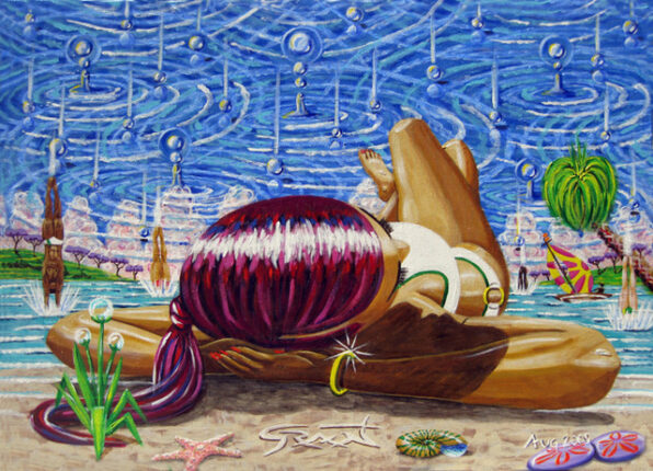 A painting of a woman laying on the beach.