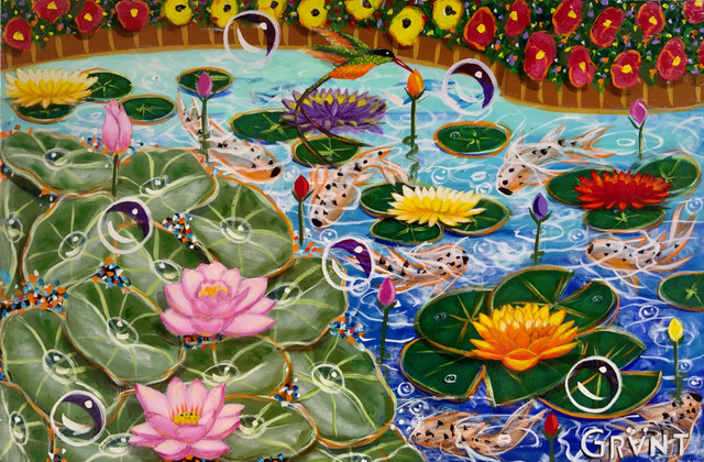 A painting of water lilies in a pond.