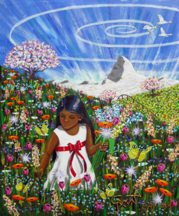 A painting of a girl in a field of flowers.