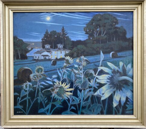 A painting of sunflowers in a field at night.