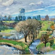 A painting of a park with trees and a water tower.