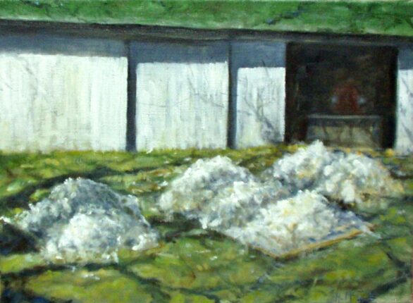 A painting of piles of cotton in front of a barn.