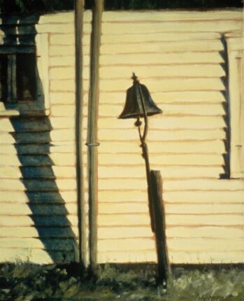 A painting of a lamp post in front of a house.