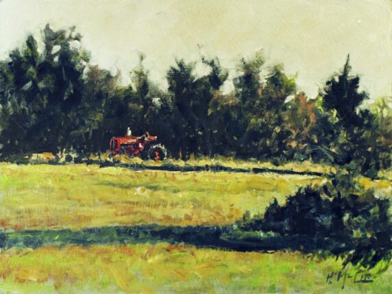 A painting of a red tractor in a field.