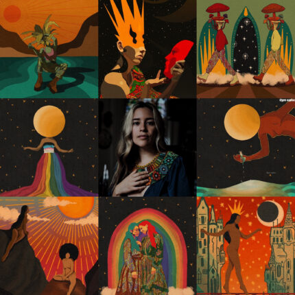 A collage of images of a woman with a sun and a moon.