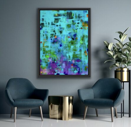 A blue and green abstract painting is hung in a living room.