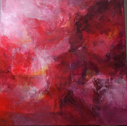 An abstract painting with red and white colors.