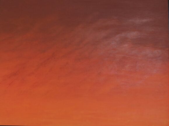 A painting of an orange sky with clouds.