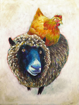 A painting of a sheep and a rooster.