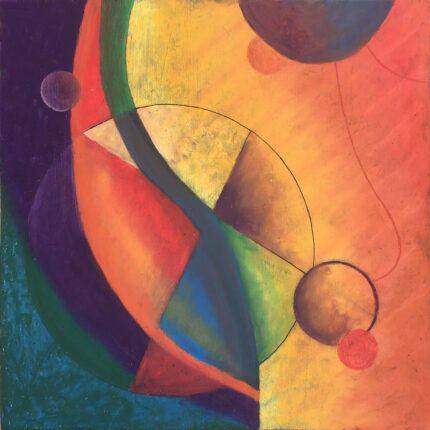 An abstract painting with colorful shapes and circles.