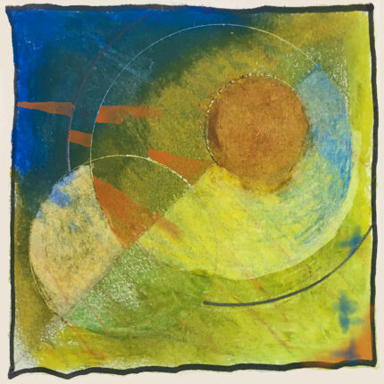 An abstract painting of a sun and a blue circle.