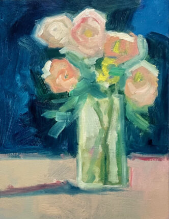 A painting of pink flowers in a vase.