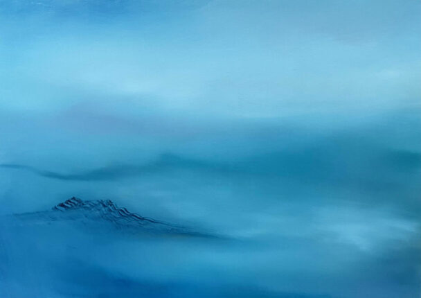 A painting of a blue sky with mountains in the background.