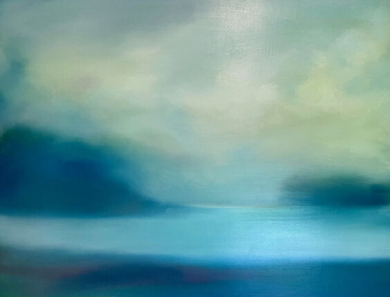 An abstract painting of a blue sky and water.
