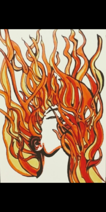 A painting of a woman with flames on her head.