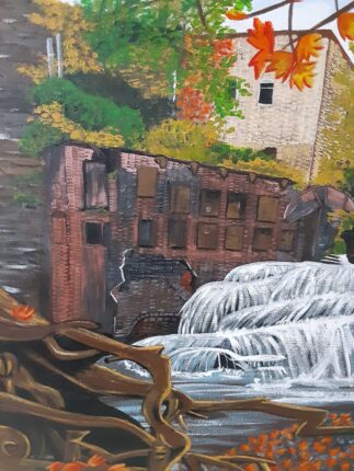A painting of a waterfall in the fall.