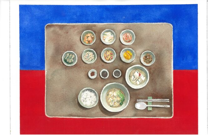 A painting of a plate of food on a blue and red background.
