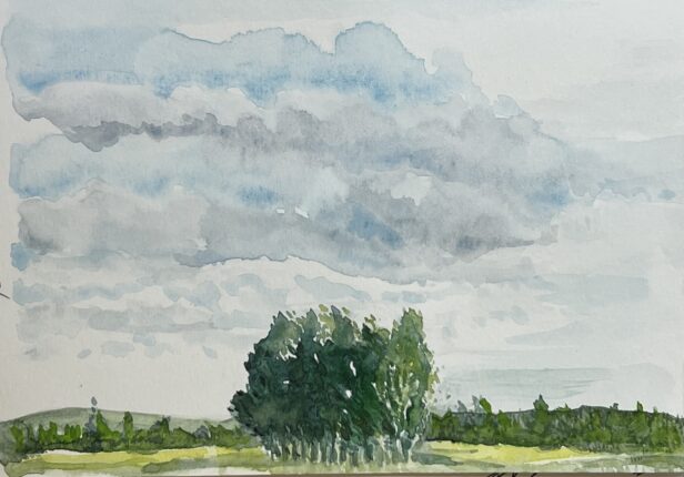 A watercolor painting of a field with trees and clouds.