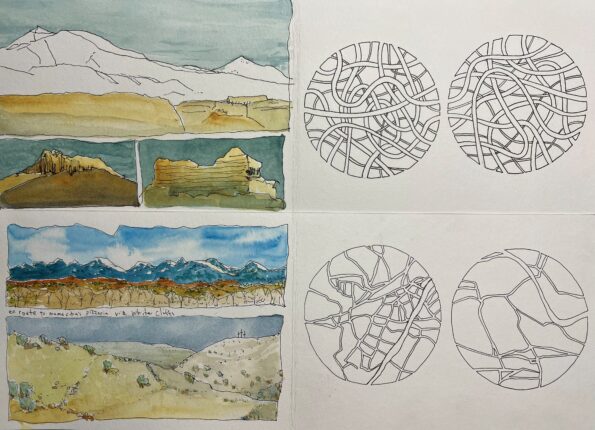 Watercolor drawings of mountains and landscapes.