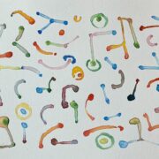 A watercolor painting of colorful shapes and dots.
