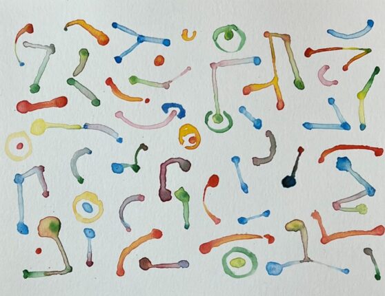 A watercolor painting of colorful shapes and dots.