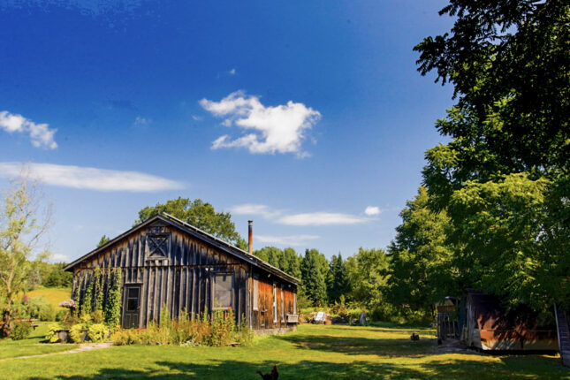 A barn in the middle of a grassy field.