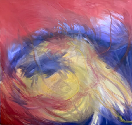 An abstract painting with red, yellow and blue colors.