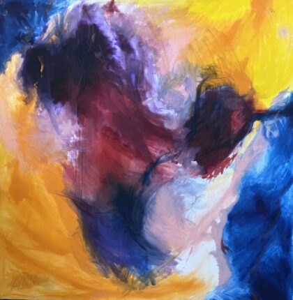 An abstract painting with yellow, blue, and red colors.