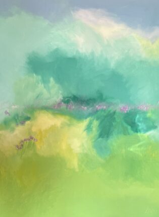 An abstract painting of a green and blue field.