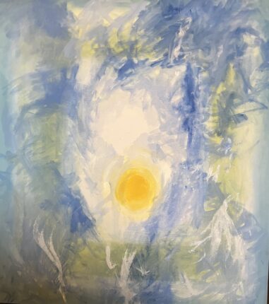 A blue and yellow painting with a sun in the middle.