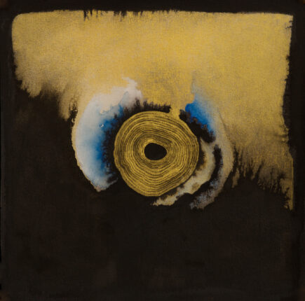 A painting of a yellow and blue circle on a black background.