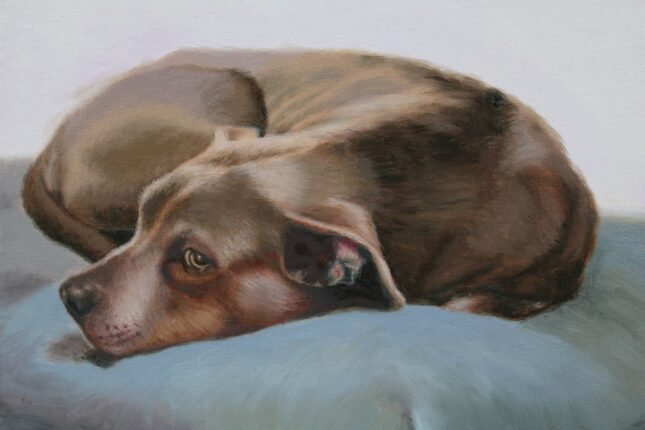 A painting of a dog laying on a pillow.