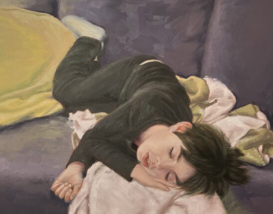 A painting of a boy sleeping on a couch.