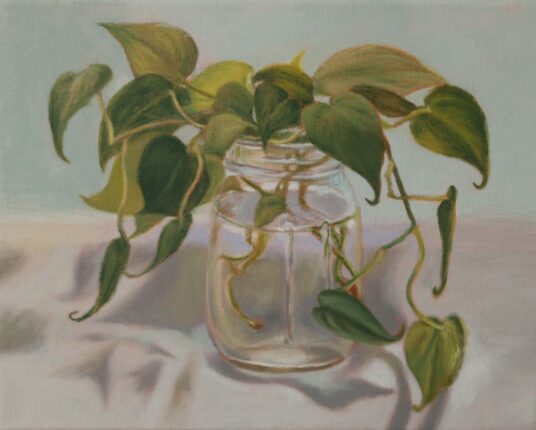 A painting of a plant in a glass jar.