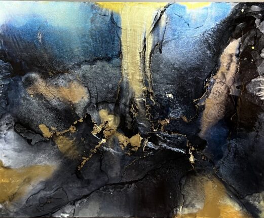An abstract painting with yellow, blue and black colors.